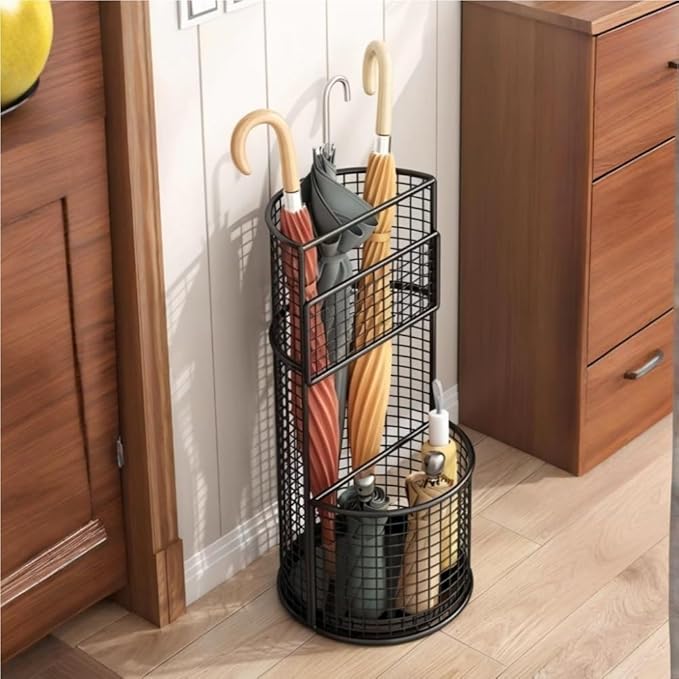 Metal Hollow Drain Rack, Freestanding Umbrella Stand Rack, Umbrella Stand with Water Tray, Multipurpose Umbrella Holder for Entrance, Office(Gold)