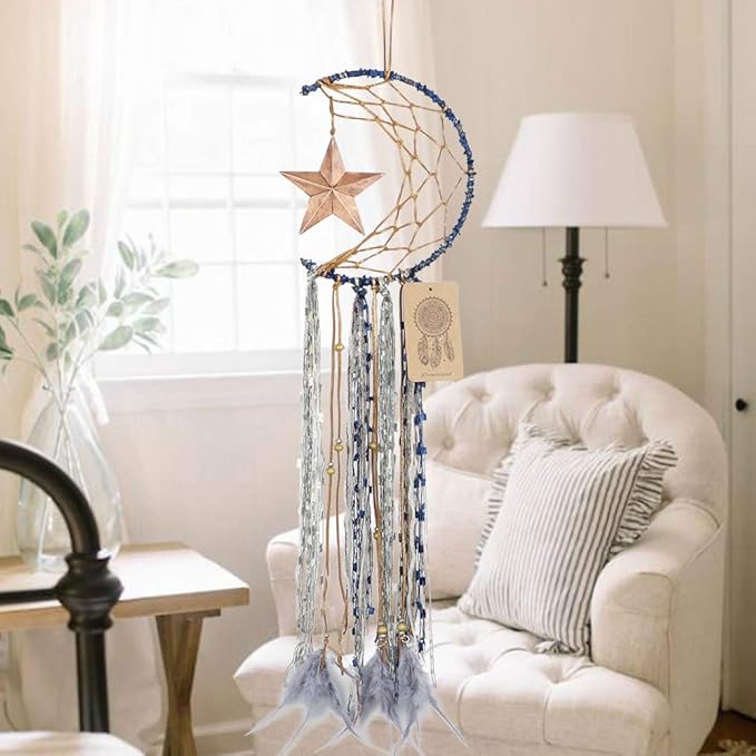 Dremisland Blue Dream Catcher Handmade Half Circle Moon Design Dream Catcher Feather Hanging with Star Home Decoration Ornament Festival Gift (Moon& Star)