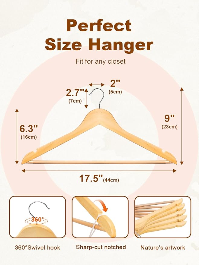 HOUSE DAY Bulk Wooden Hangers 160 Pack, Solid Wood Hanger with Non Slip Pant Bar, Heavy Duty Wooden Coat Hanger for Closet, Smooth Finish Wood Clothes Hangers for Shirts, Suits Jackets, Dress, Natural