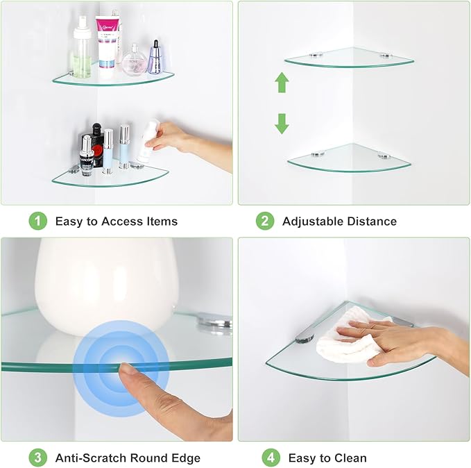 Glass Corner Shower Shelves, Tempered Floating Glass Shelves Wall Mount, Shower Caddy Organizer, Bathroom Corner Shelf with Zinc Alloy Brackets for Bathroom, Kitchen, Living Room, 9.8" x 9.8", 2 Pack
