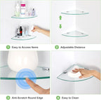 Glass Corner Shower Shelves, Tempered Floating Glass Shelves Wall Mount, Shower Caddy Organizer, Bathroom Corner Shelf with Zinc Alloy Brackets for Bathroom, Kitchen, Living Room, 9.8" x 9.8", 2 Pack