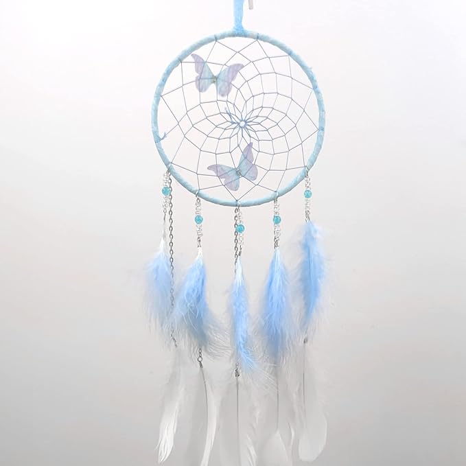 Blue Butterflies Dream Catcher Handmade Colorful Feather Dream Catchers Wall Decoration for Girls Kids ，Beautiful Wall Art. Great Decoration for Bedroom,Baby Tent,Sitting Room,Balcony,Party.