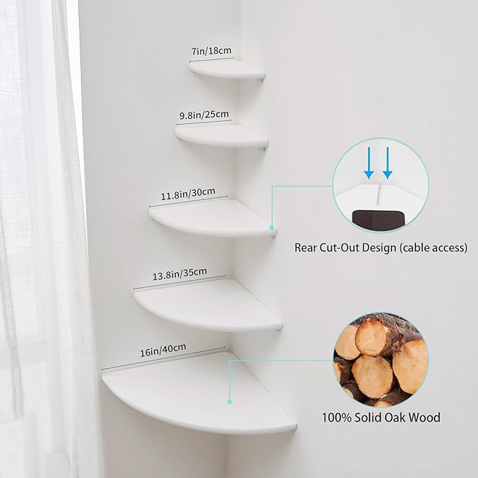 White Corner Shelf, Wall Mount Natural Oak Wood Floating Corner Wall Shelf Round End Small Corner Nightstand Plant Shelf for Bedroom, Kitchen, Living Room 7inch