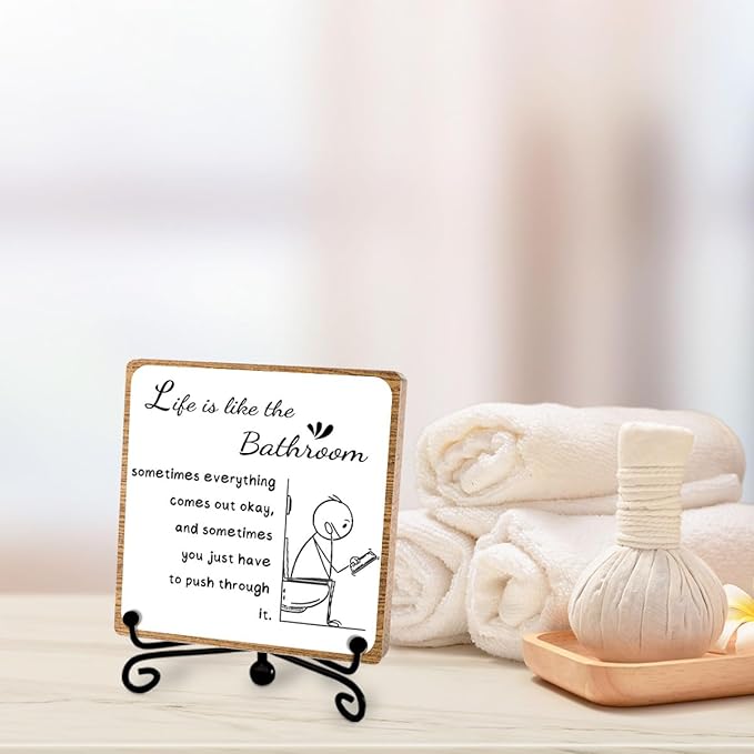 Funny Bathroom Decor, Bathroom Wooden Sign with Stand Decor, Farmhouse Home Toilet Desk Shelf Accessories, Rustic Table Decorations Supplies