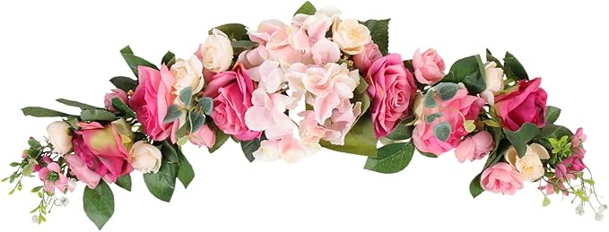 LIFKOME Wedding Arch Flowers Rustic Artificial Rose Flower Swag Door Wreath for Lintel Home Wall Decor 28X6X3 Inches Pink Green Leaves