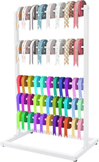 5-Tier Freestanding Ribbon Organizer Rack, White Metal Scarf Storage Display Stand for Craft Room, Gift Wrapping Paper Towel Hanger, Floor Standing Hanging Shelf for Home Store