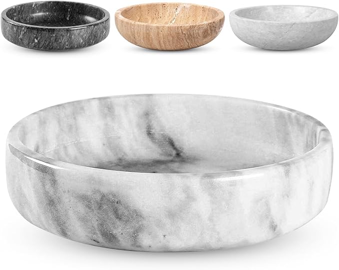 FNTSTICGOODS Marble Decorative Bowl - 7.5" White/Grey Solid Marble Centerpiece - Handmade Stone Fruit Bowl - Catch-All or Key Bowl for Kitchen - Modern Minimalist Decor