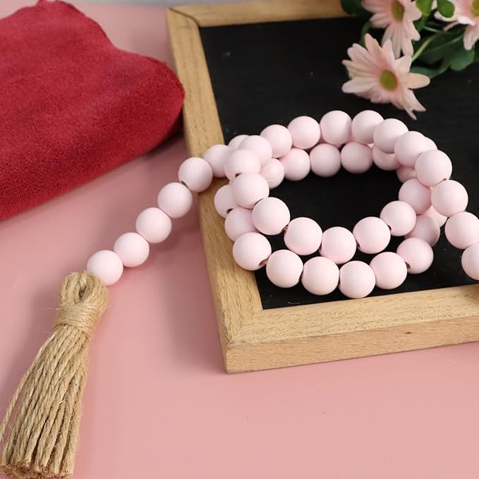 Meplait 39in Wood Bead Garland Farmhouse with Tassels,Versatile Prayer Beads Boho Chic Wall Hanging Home Decor (Pink)