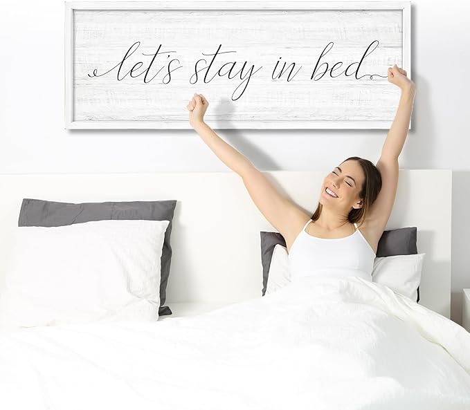 Lets Stay in Bed Wall Decor Above Bed 41.3''×15'' Large Farmhouse Wall Decor for Bedroom Guest Room Decor Framed Wood Wall Art Rustic Master Bedroom Wall Decoration (white frame)