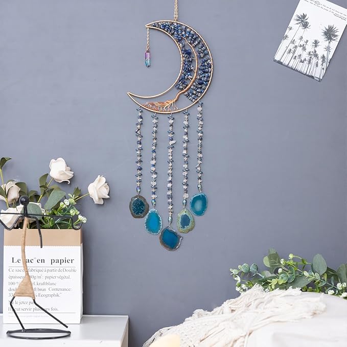 Agate Moon Dream Catchers with Crystal 7 Chakra Gemstone Dream Catchers Color Natural Gem Agate Wall Hangings Room Garden Dreamcatchers Decor (Lake Blue)