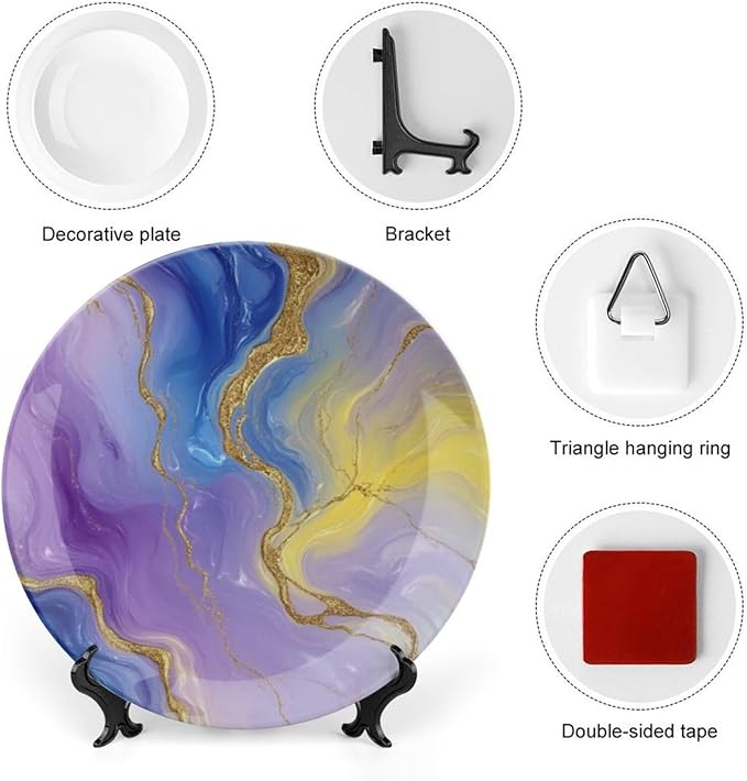 Marble Texture Theme Decorative Ceramic Plate Round Porcelain Plate,10 inch,Abstract Pattern,for Decorative Ornaments Giving Plates,1 Plate with 1 Display Stand,Purple Gold