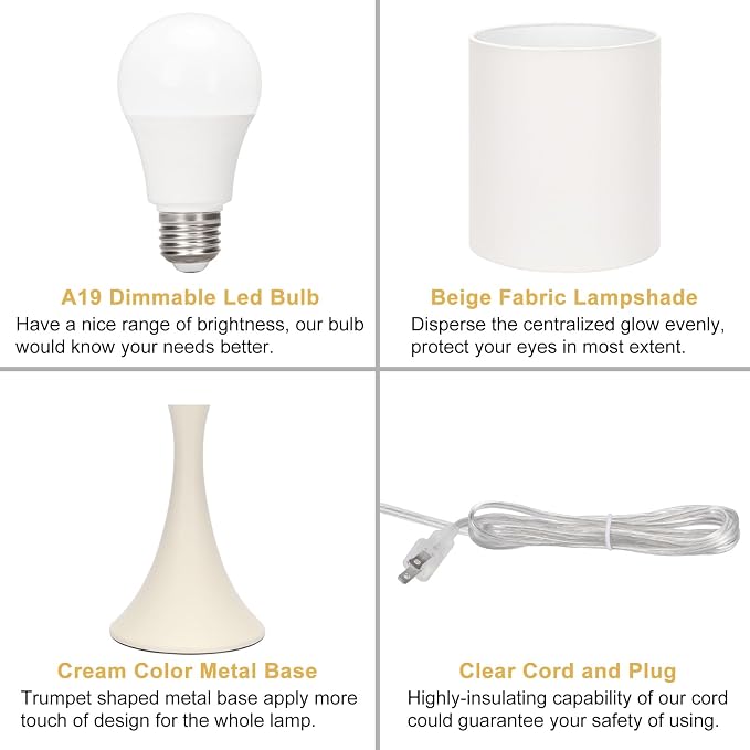 Seaside village Dimmable Bedside Lamp, 3 Way Touch Control Table Lamp, Modern Nightstand Lamp with Beige Shade and Cream Base, Small Desk Lamp for Living Room, Dorm, Home Office, 9W LED Bulb Included