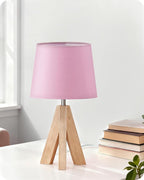 Pink Table Lamp, Small Tripod Table Lamp, Boho Bedside Lamp with Pink Linen Shade & Wood Base, Modern Nightstand Lamps, Little Cute Desk Lamp for Girls Room, Kids Room, Bedroom, P51TL05