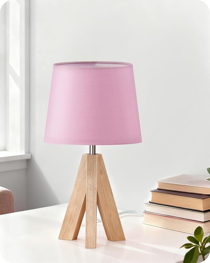 Pink Table Lamp, Small Tripod Table Lamp, Boho Bedside Lamp with Pink Linen Shade & Wood Base, Modern Nightstand Lamps, Little Cute Desk Lamp for Girls Room, Kids Room, Bedroom, P51TL05