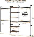 T1 Wall Mounted Closet System, Industrial Pipe Clothing Rack with 6 Wooden Shelves & 4 Telescopic Rods, Heavy Duty Closet Organizers and Storage in Wardrobe Closet (Rustic Brown)