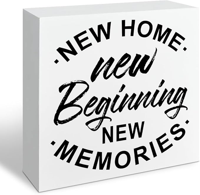 New Home New Beginning, Farmhouse Home Decor, Entryway Sign, Living Room Signs, Gift from Realtor, Housewarming Gift, Box Sign Decor Tabletop, Hallway Decoration, 5.1x5.1inches