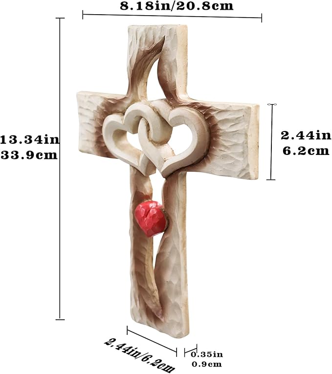 Oooct Carved Cross, Resin Cross Wall Decor, Intertwined Hearts & Never Separates Love, Great Christian Gift, Wall Art Gift, Home Living Room Decor - 13.34 × 8.18 Inch