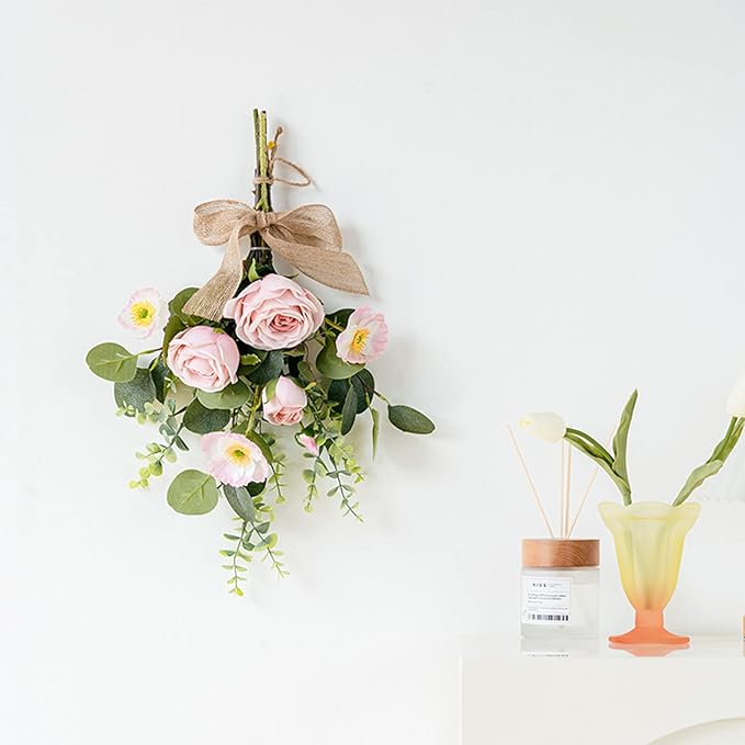 Artificial Teardrop Wreath, 17inch Decorative Swag with Flower and Eucalyptus Leaves, Hanging Simulation Flowers Bouquet, Spring Summer Wall Swag for Wedding Arch Wall Decor(#5)