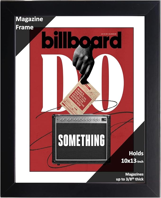 Creative Picture Frames 10 x 13 Magazine Frame with Full-Strength Glass, Holds Up To A 1/4" Thick Media with Installed Hangers for Easy Mounting, 11x14 Black Frame with White Mat