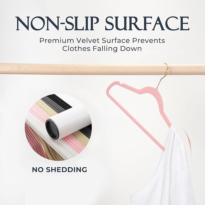 HOUSE DAY Pink Velvet Hangers 100 Pack, Premium Non-Slip Felt Clothes Hangers, Sturdy Heavy Duty Coat, Durable Hanger for Suits, Space Saving with No Hanger Mark, 360° Swivel Rotating Rose Gold Hook