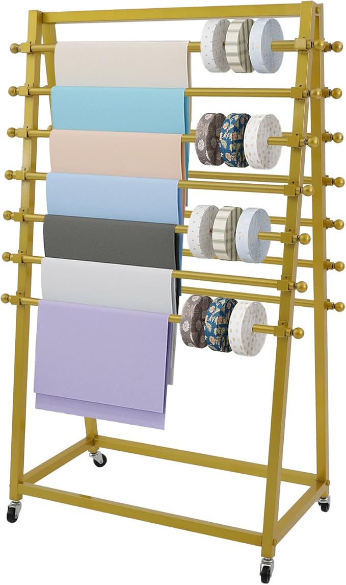 15 Tier Ribbon Holder Organizer Rack, Movable Scarf Towel Holder, Double-Sided Scarf Rack with Lockable Wheels, Floor Standing Ribbon Organizer for Craft Room Cake Shop Flower Store (Gold)
