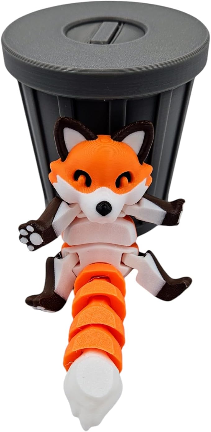 Articulating Animals Raccoon, Fox, Panda, Skunk, Possum with Containers - 3D Printed Articulated Joints ADHD, Autism, Relief Anxiety, Collectible Figurines (Fox Trash Can)