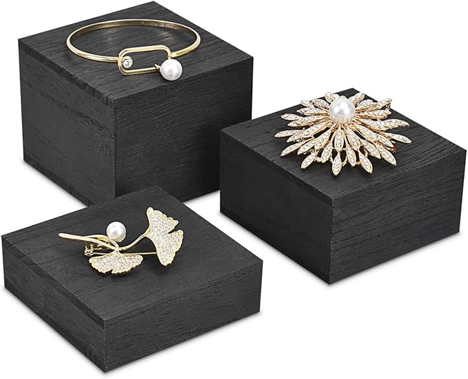 MOOCA Customizable Wooden Display Risers Set - 3 Different Height Stands for Jewelry, Watches, Cosmetics, and Accessory, Black Color