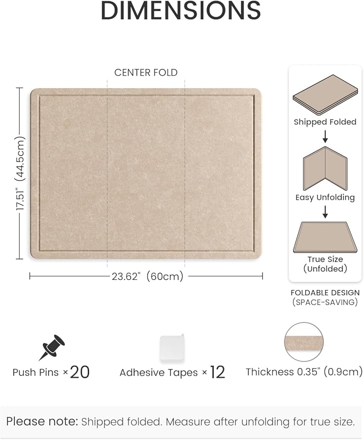 Fluxynara Bulletin Board, 23.6" x 17.5" Cork Board Alternative with 12 Safe Removable Adhesive Tabs, Foldable Felt Pin Board for Home Office, Classroom, Bedroom,Entryway for Walls—Taupe