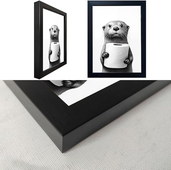 Framed Animal Bathroom Wall Art, Funny Bathroom Wall Decor, Toilet Paper in Raccoon's Hand, Black and White Canvas Print Picture Artwork for Hme