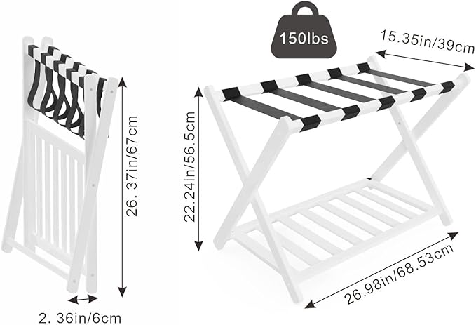 Luggage Racks, Set of 2 Folding Luggage Rack for Guest Room, Bamboo Suitcase Stands with Nylon Straps, X-Shape Heavy Duty Luggage Holder, Suitcase Holder for Guest Room, Hotel, Bedroom, White