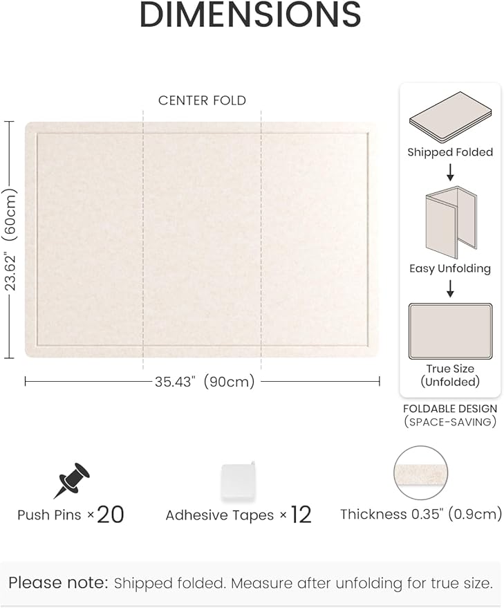 Fluxynara Bulletin Board,35.4" x 23.6" Cork Board Alternative with 12 Safe Removable Adhesive Tabs, Foldable Felt Pin Board for Home Office, Classroom, Bedroom,Entryway for Walls—Oatmeal