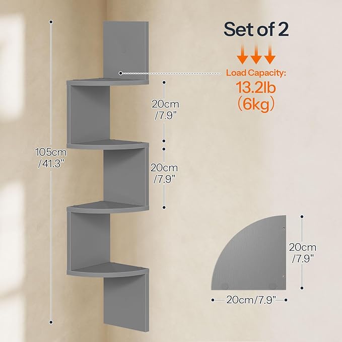 HOOBRO Corner Shelf Wall-Mounted, Set of 2 Floating Corner Shelves for Wall, 4-Tier Bookshelves for Wall Decor in Living Room, Bedroom, Home Office, Dove Gray GY25BJP201