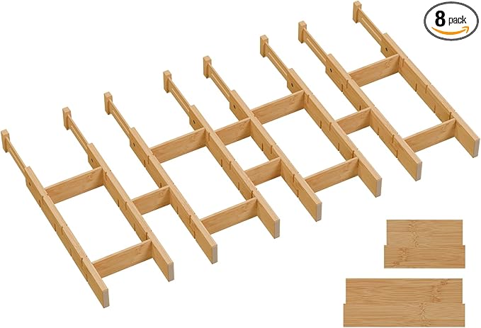 Kitchen drawer organizer,expandable bamboo drawer divider,include 8 dividers,8 small inserts and 8 medium inserts for Home, Office, Dressers (Long-8 Dividers)