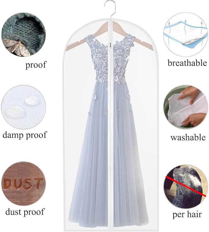 Garment Bags for Long Dresses,60in Clear Hanging Lightweight White Breathable Dust Proof Covers with Study Full Zipper for Clothes Storage Closet Pack of 6