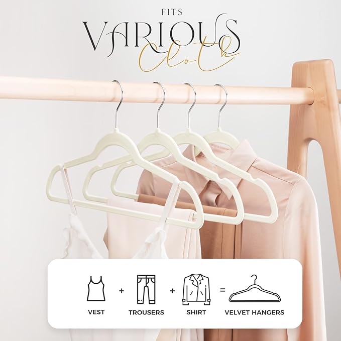 HOUSE DAY Premium Velvet Clothes Hangers Non-Slip Flocked Felt Hangers Heavy Duty Durable Coat and Suit Hanger, Vibrant Color Slim Lightweight Space Saving Hanger (20 Pack, Ivory)
