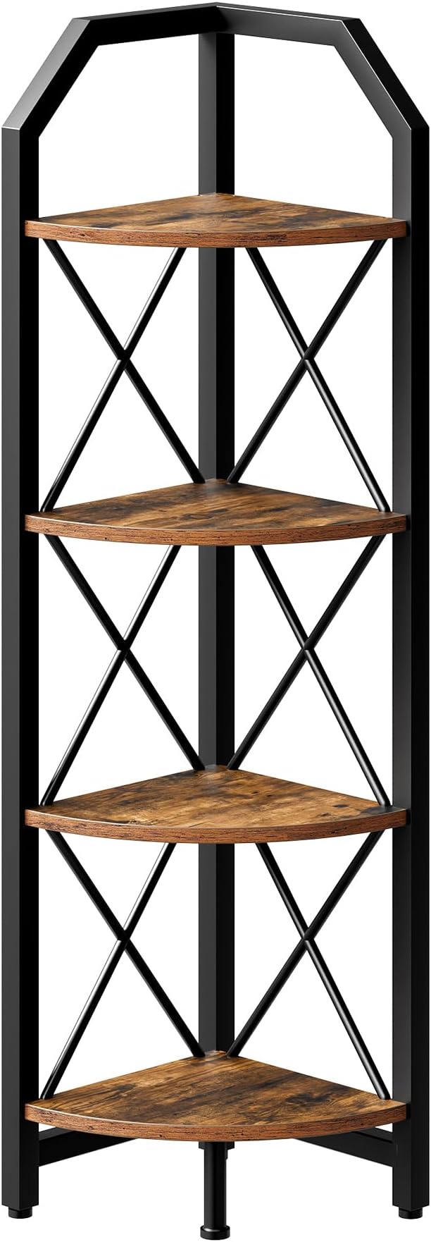 CHOEZON 4-Tier Rustic Brown and Black Corner Shelf, 4-Shelf Industrial Corner Bookshelf, Space-Saving Corner Storage Stand, Plant Stand Display Shelf, Bedroom, Living Room, Home Office