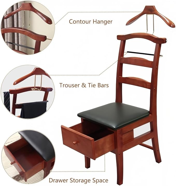 Wooden Suit Valet Stand with Contour Hanger Tie Bar Belt Hooks Chair Valet with Drawer Freestanding Clothes Stand Standing Hanger for Living Room, Entryway, Bedroom(Light Brown)