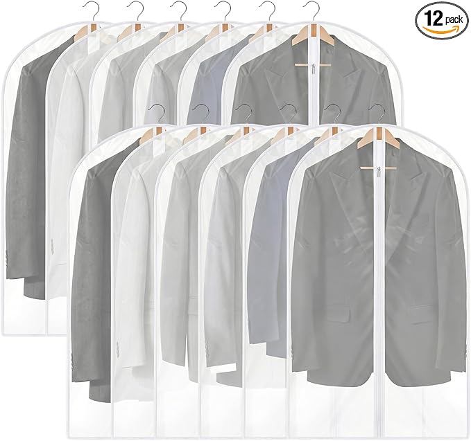12 Pack Garment Bags 60 * 100cm, 40in PEVA Translucent Garment Covers, Suit Storage Bags, Dress Organizer Bags Used To Protect Shirts, Winter Coats, Jackets（White Edge）
