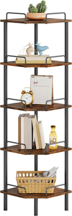Tajsoon Corner Shelf Stand, 5 Tier Industrial Corner Shelves, Multipurpose Standing Display Shelf, Corner Shelving Unit for Bedroom, Living Room, Office, Kitchen, Rustic Brown