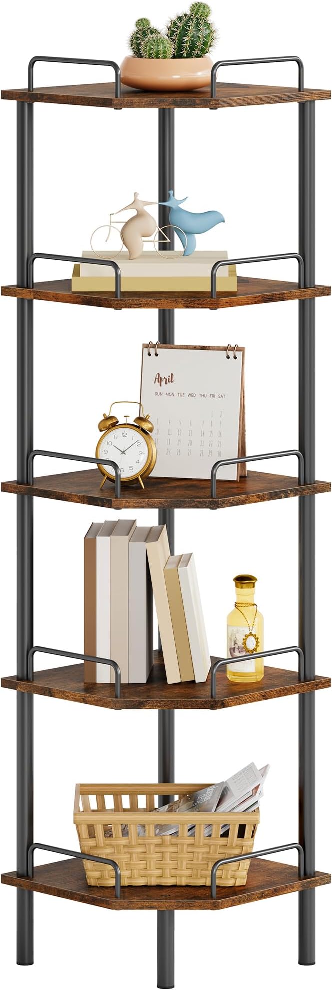 Tajsoon Corner Shelf Stand, 5 Tier Industrial Corner Shelves, Multipurpose Standing Display Shelf, Corner Shelving Unit for Bedroom, Living Room, Office, Kitchen, Rustic Brown