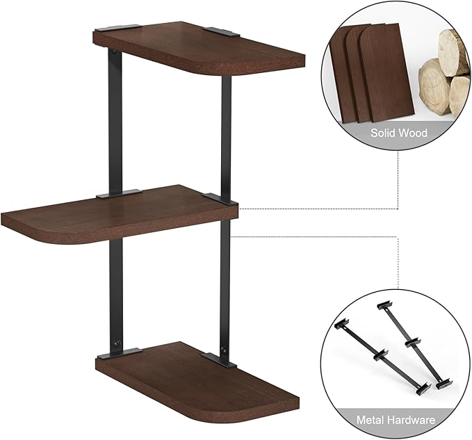 Love-KANKEI Corner Shelf Wall Mount of 3 Tier Rustic Wood Floating Shelves for Bedroom Living Room Bathroom Kitchen Office and More Dark Walnut