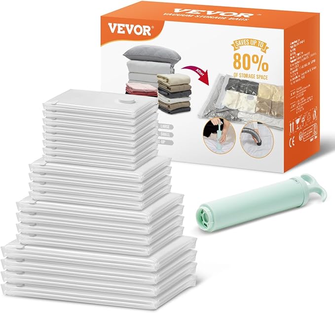 VEVOR Vacuum Storage Bags, 20 Pack Space Saver Seal Bag(4 Jumbo/4 Large/4 Medium/4 Small/4 Roll), Compression Airtight Zipper Space Bags with Hand Pump, for Cloth, Bedding, Blanket, Pillow, Travel
