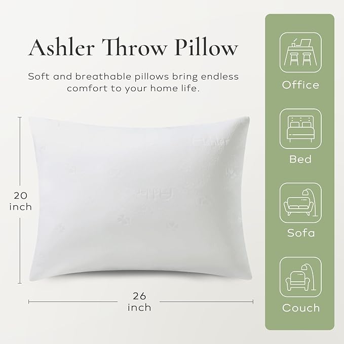 Ashler Throw Pillow Inserts- 20x26 Pillow Inserts with Air Layer, Premium Bed and Couch Pillows - Indoor Decorative Throw Pillow, Lumbar Cushion Sham Stuffer, Pack of 2, White