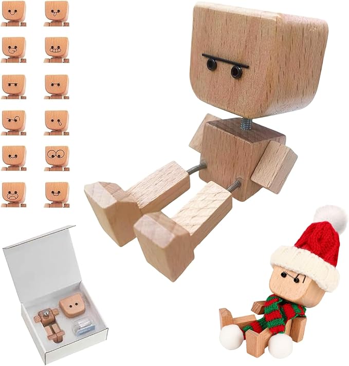IMOLL Shaking Wooden Man Figurine with 12pcs Magnetic Expressions,Handmade Shaking Feet Wooden Doll,Car Dashboard Desktop Decor Christmas Decor Home&Qffice Decor (with Knit Beanie Hat + Scarf)