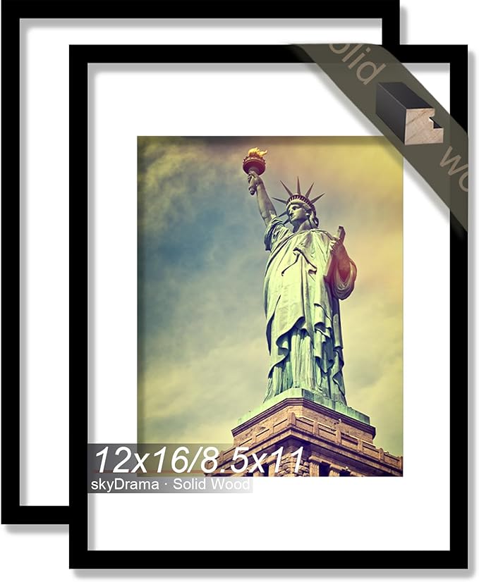 100% Solid Wood 12x16 Picture Frame Set of 2, Black Frame Display Photo 8.5 x 11 with Mat or 12 x 16 without Mat, 12by16 HQ Matte Black Frame for Wall - 2 Pack/Black/12 x16