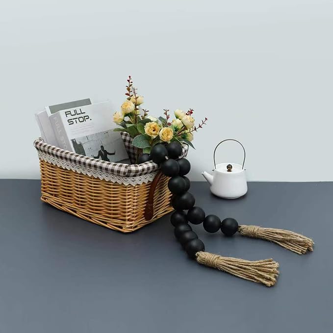 Large Black Wooden Beads Garland Farmhouse Decor 50inch long with 1.6" Diameter beads, Wood Beads Decor Tassel Garland Decorative Boho Country Decoration for Coffee Table Home Tiered Tray Wall Hanging