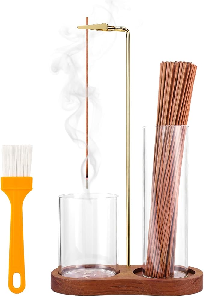 2 in 1 Incense Holder for Sticks with Glass Ash Catcher, Upside Down Anti-Ash Incense Stick Burner for Outdoor Patio, Modern Vertical Incense Holder for Home Decor, Spa, Meditation and Reddish Brown