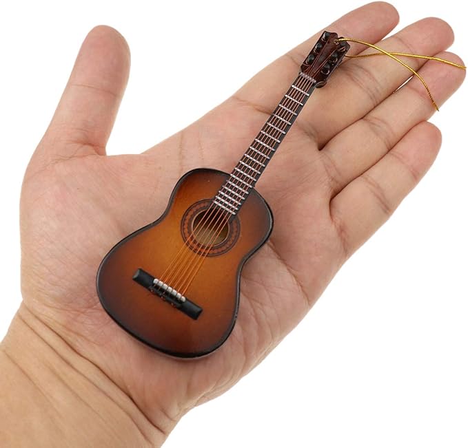 Wooden String Miniature Guitar Hanging Ornament Mini Musical Instrument Replica Holiday Tree Home Decoration Display Ornament (5.12" Classic Guitar)