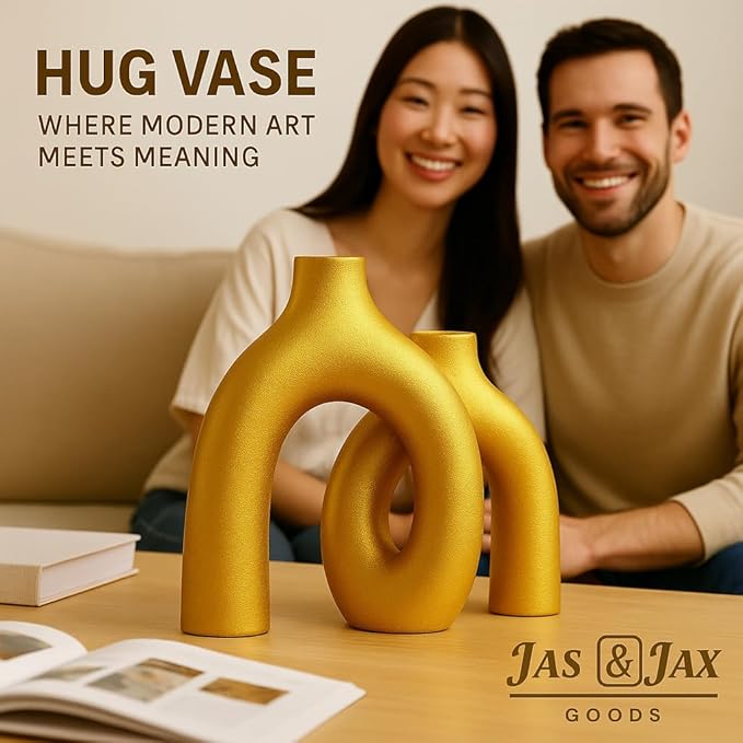 Gold Ceramic Vase Set - Modern Hug Donut Ceramic Vases by JAS & JAX GOODS, Minimalistic Nordic Home Decor Centerpiece for Console Tables, Living Room, Bookshelf, or Fireplace Mantel