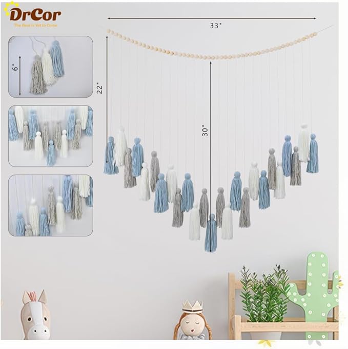 DrCor Dusty Blue Boho Macrame Garland – Serene Wall Hanging for Living Room, Bedroom or Reading Corner, Dorm Room or Study Decor, Coastal Boho Mantel or Entryway Decoration